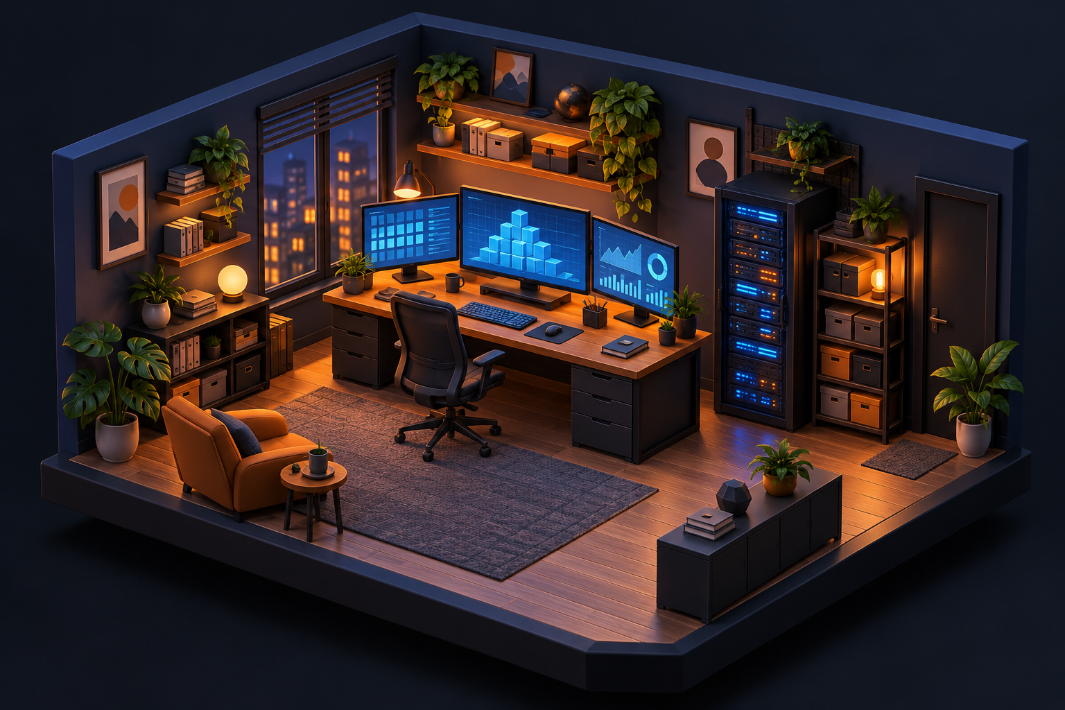 Concept illustration of a miniature home office with glowing monitors, server equipment and warm lighting
